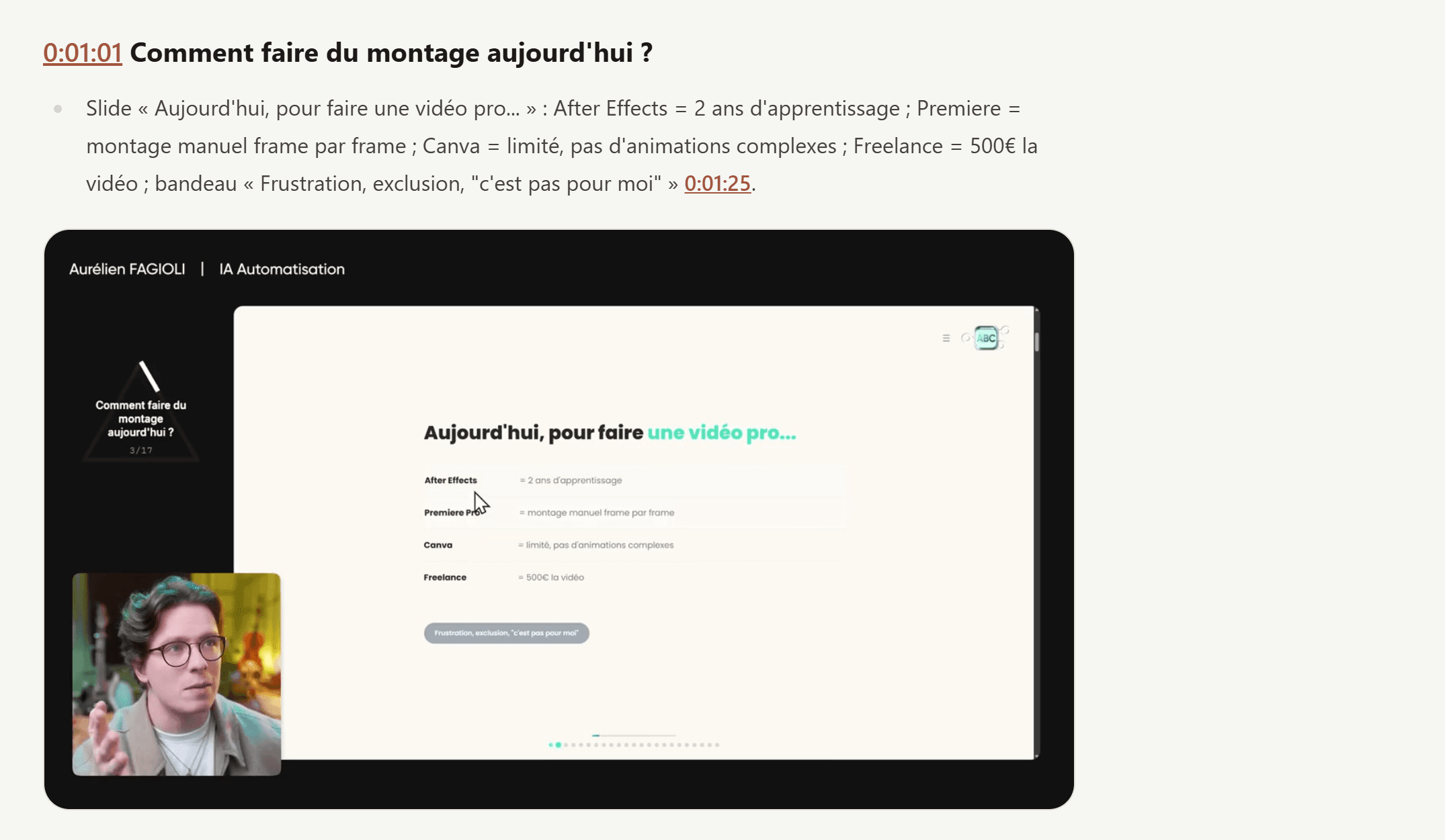 Section détaillée d'un récap dans l'app : un titre horodaté, le texte de la section et la capture d'une diapositive montrée dans la vidéo.