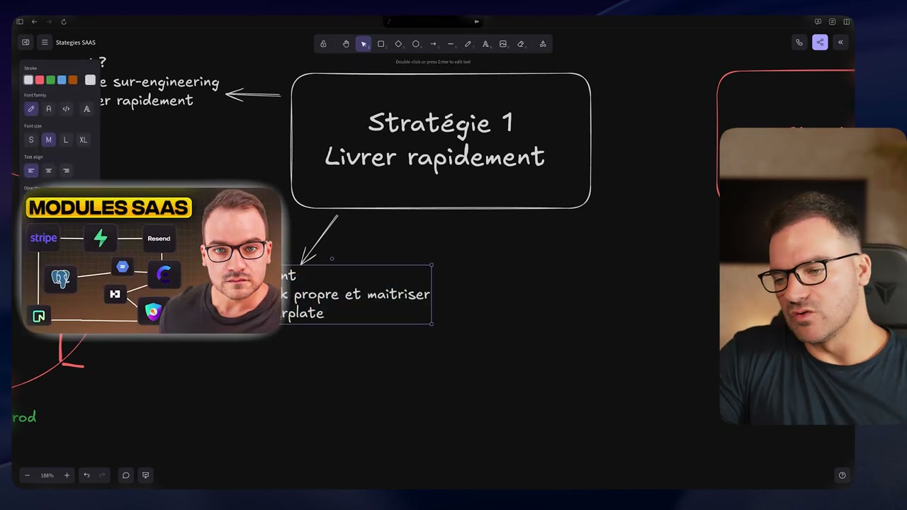 Encart « MODULES SAAS » avec logos Stripe, Resend, PostgreSQL et autres, sur le tableau « Stratégie 1 / Livrer rapidement » (0:06:11)